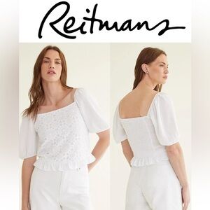 ✨NWT✨ Reitmans Short-Puffy-Sleeve Crochet Blouse with Square Neckline Size M